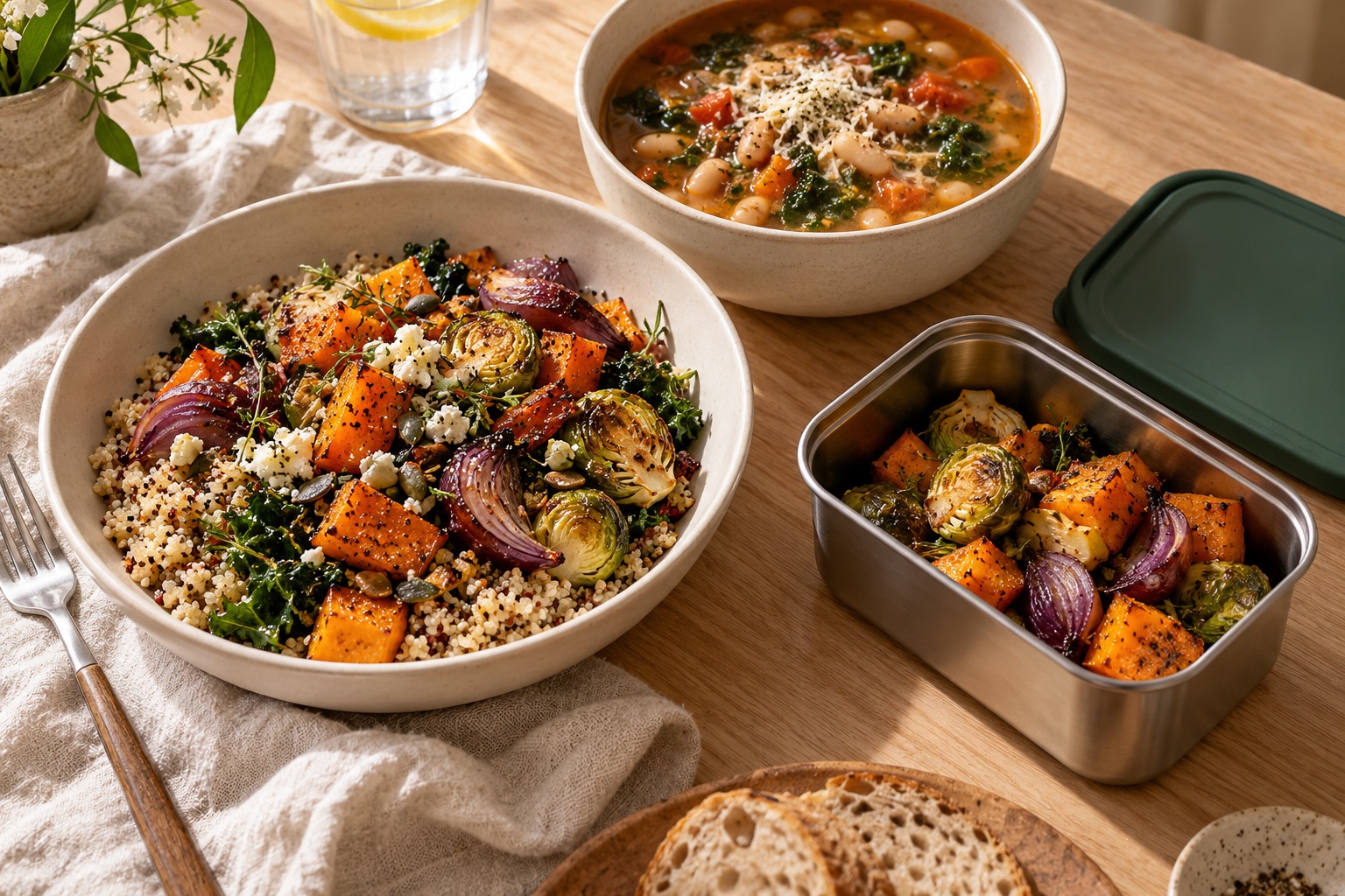 Concept meal of roasted vegetables, grains, and soup with a single reusable food container