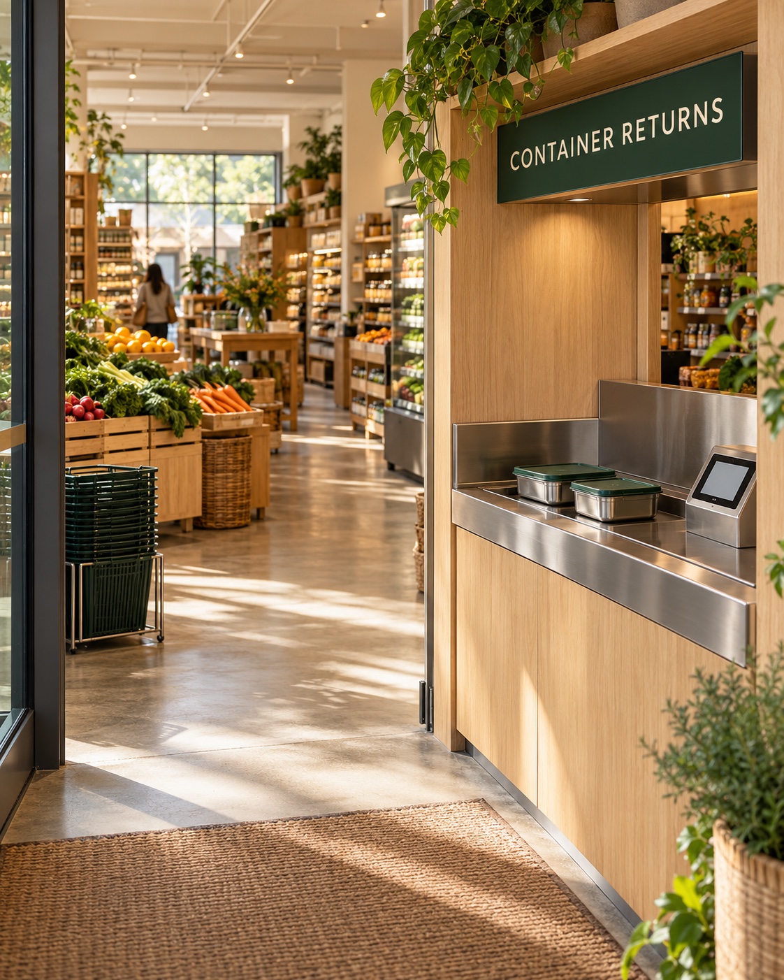 Proposed welcoming Ouros market entrance with fresh groceries and a clearly marked, easy-to-reach container return counter