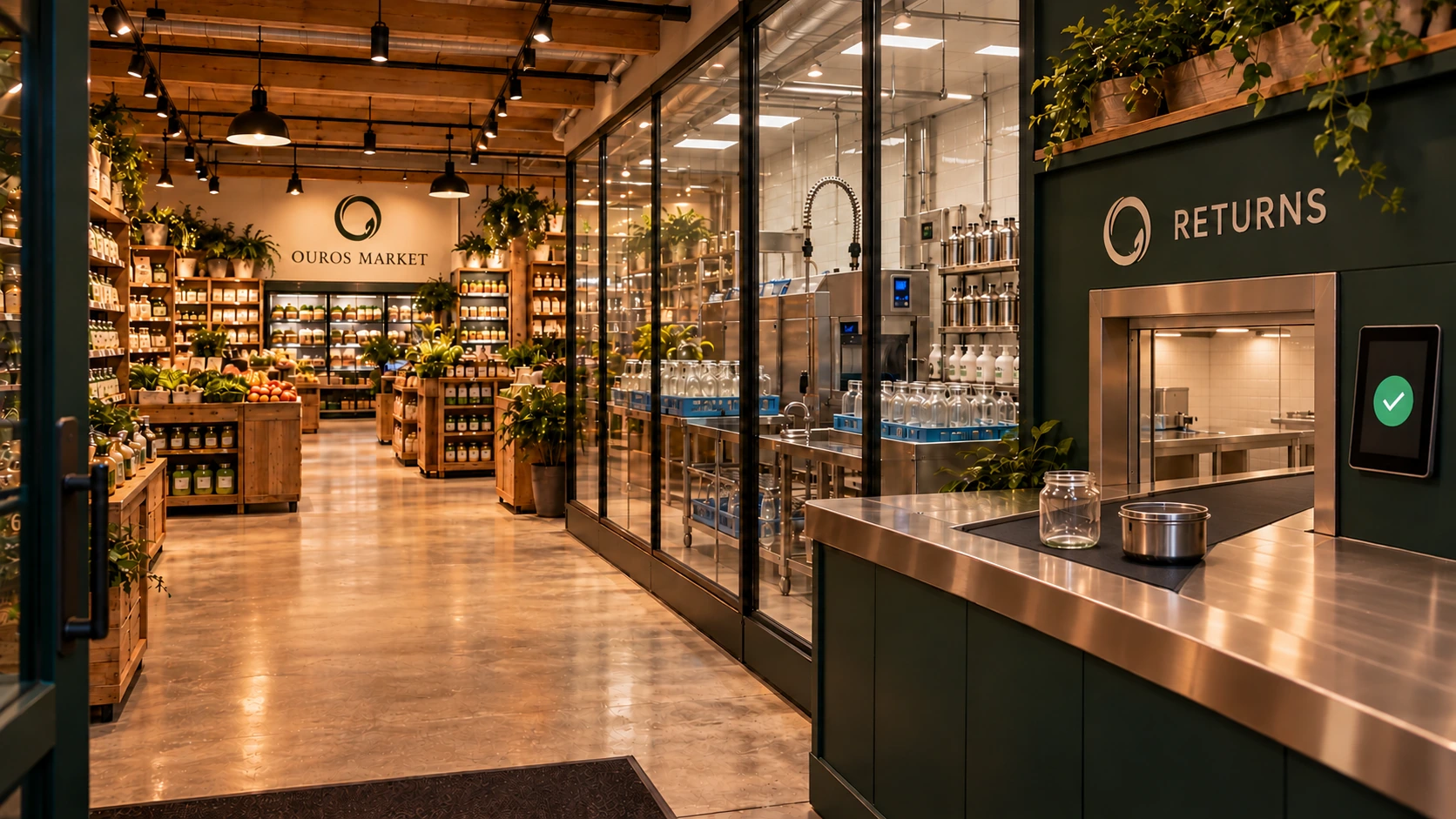 Illustrative Ouros Market interior with warm wooden grocery displays and an integrated container return area