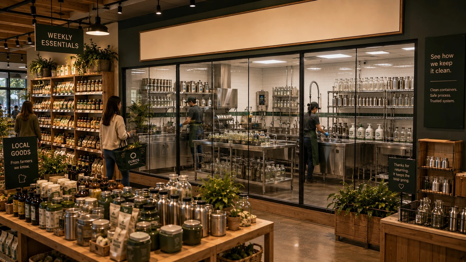 Concept of a visible commercial wash room behind glass at Ouros Market